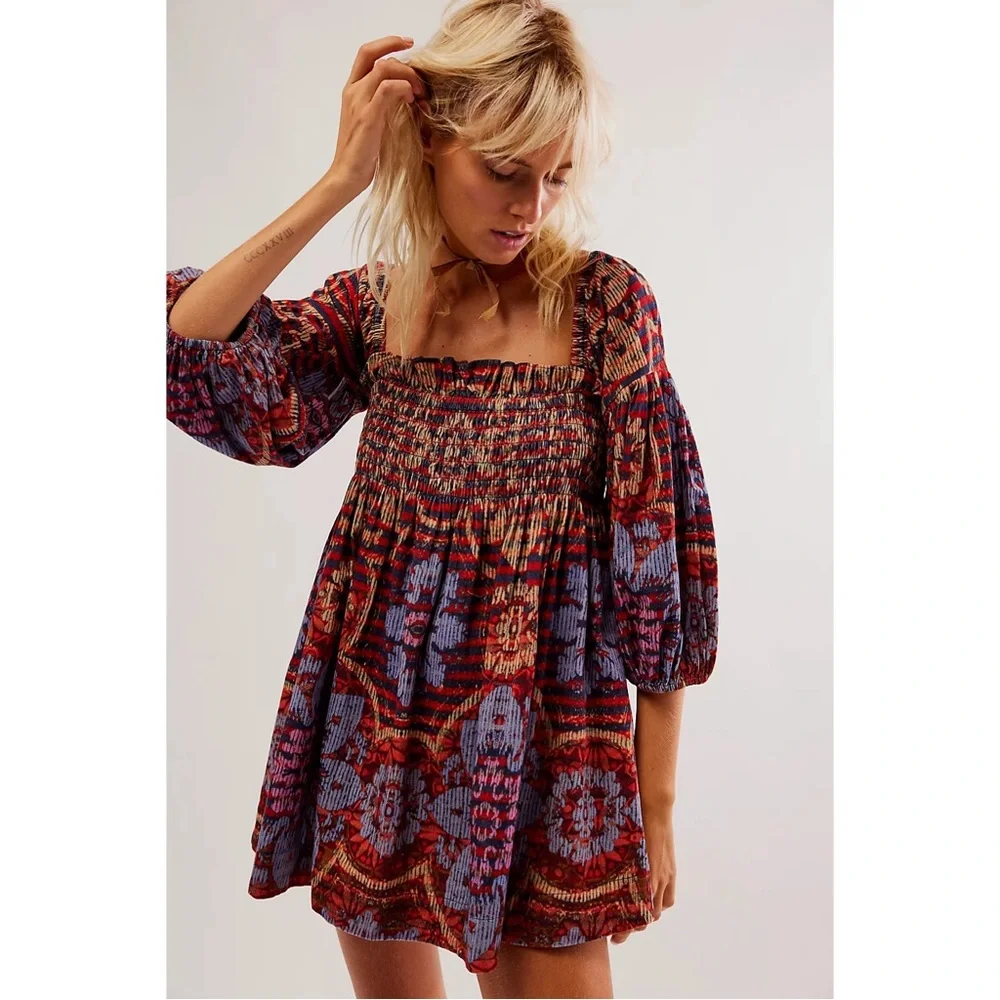 Free People Dress Floral Clara Corduroy Red Blue Medium M Boho - Picture 1 of 8
